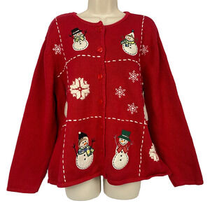 Christmas Cardigan Sweater Womens 1X Red Snowman Snowflake Vintage Crystal Kobe